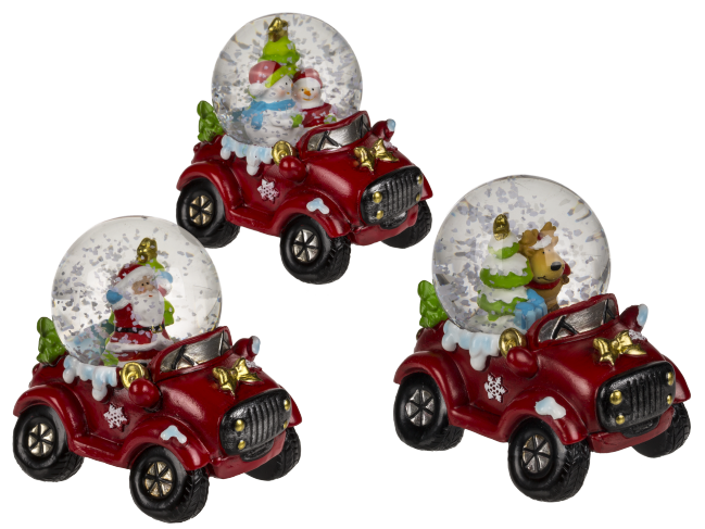 Out Of The Blue, Polyresin Snow Globe 7cmx5cm With Christmas Figurines On Car Base 950143 Red