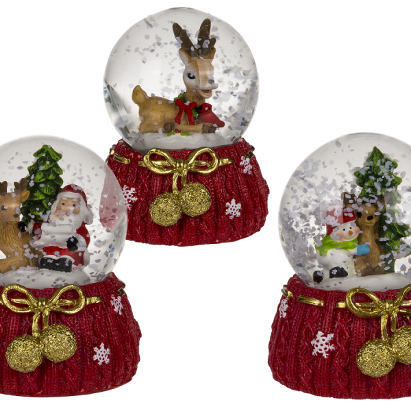 Out Of The Blue, Polyresin Snow Globe 4cm With Reindeer & Santa On Red Base 950141. Red