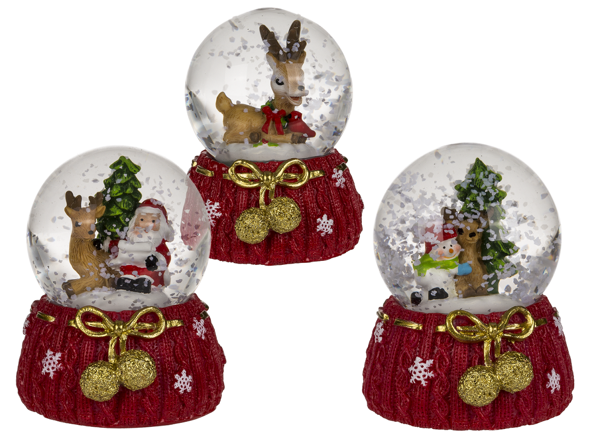 Out Of The Blue, Polyresin Snow Globe 4cm With Reindeer & Santa On Red Base 950141. Red