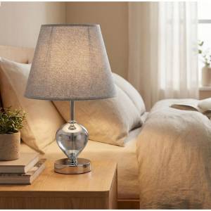 Modern Metallic Glass Table Lamp With Grey Fabric Shade 24 Cm, Sk924g