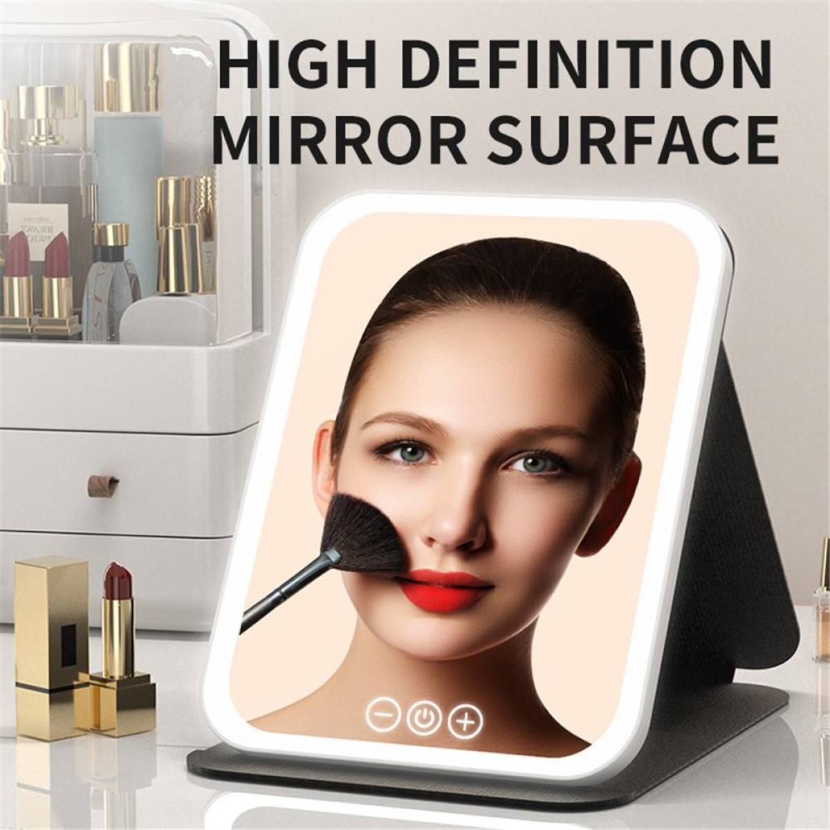 Folding Touch-control Makeup Mirror With Hd Glass & Tri-color Led Lighting – Black, 806a