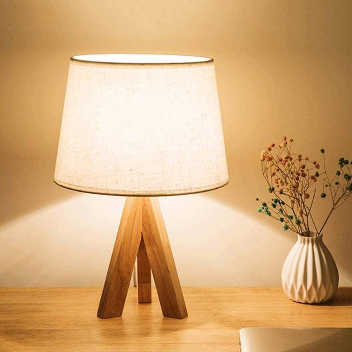 Minimalist Wooden Tripod Table Lamp – 36 Cm, Linen Shade, Sk856