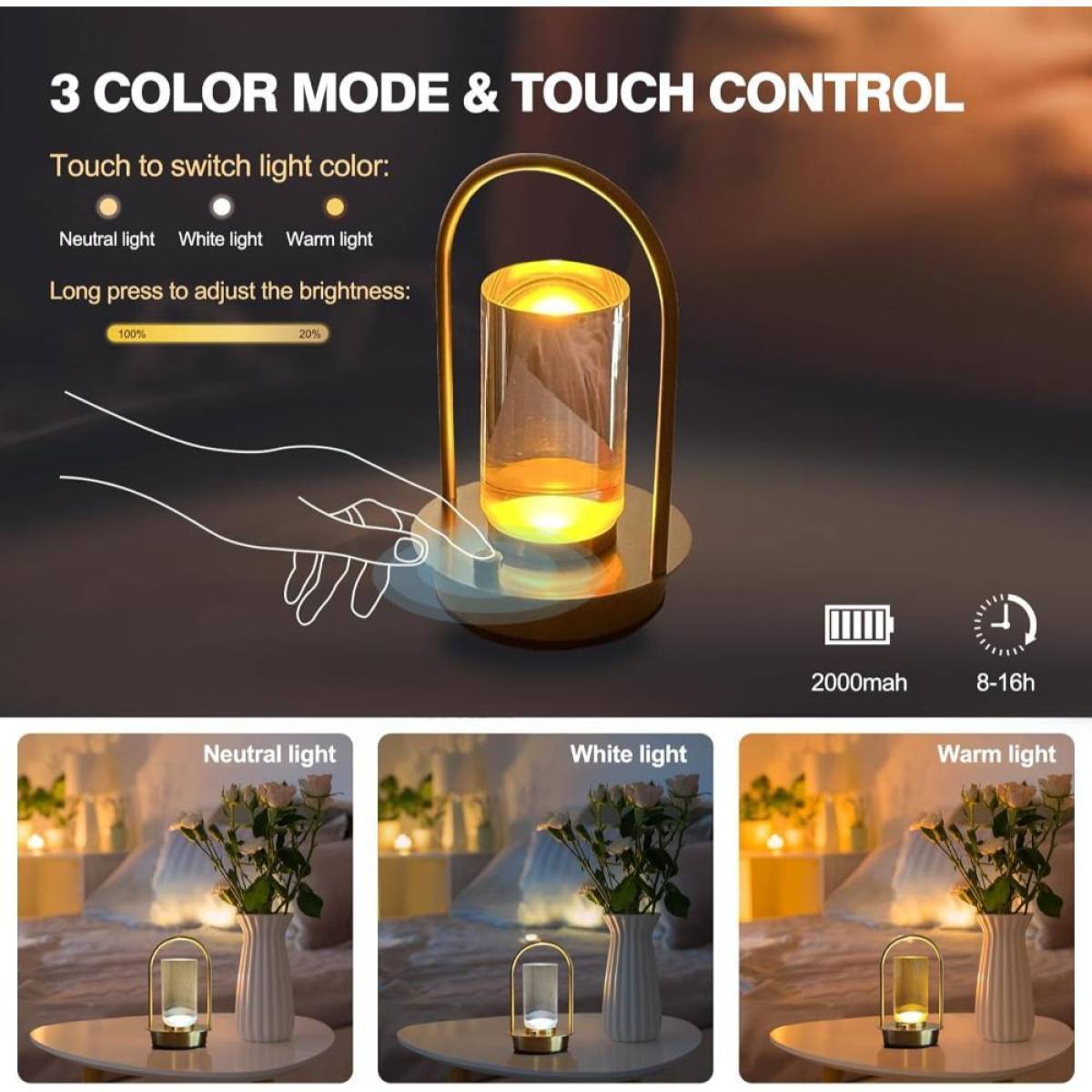 Versatile Cordless Crystal Table Lamp – 18 Cm, Touch Control, Usb Rechargeable, Gold Finish, Sk854