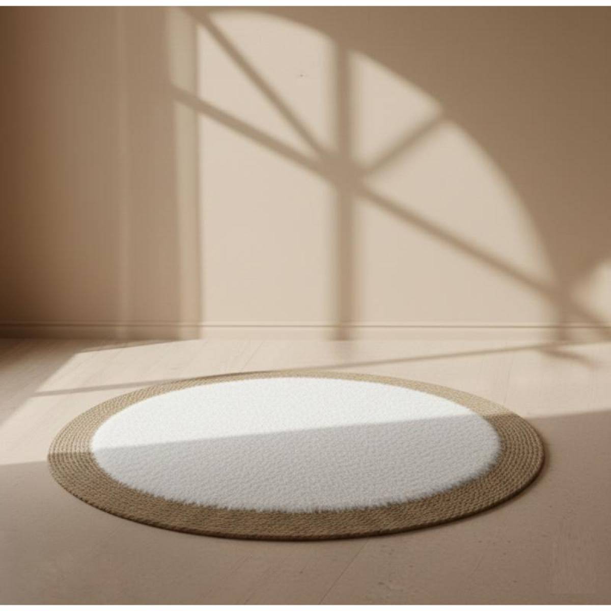 Elegant Round Rattan Rug With Soft White Fur 120 Cm, Modern Boho Floor Design, Sk965