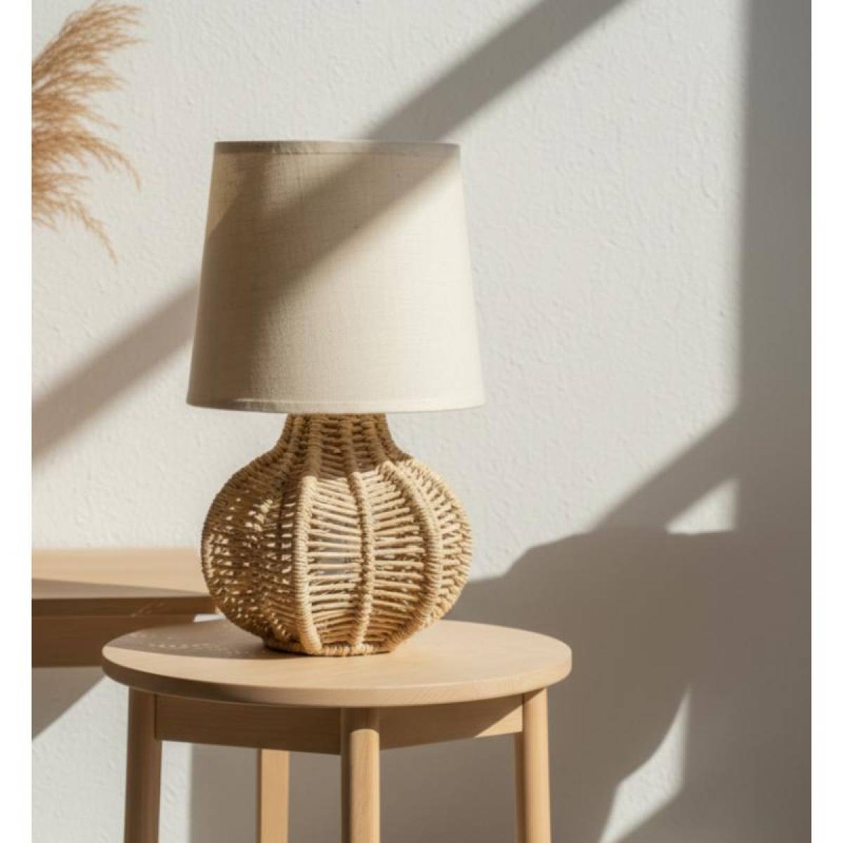 Boho Coastal Table Lamp 35 Cm, Woven Rattan Base With Fabric Shade, Sk974
