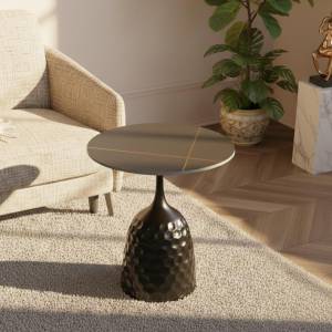 Modern Side Table With Textured Black Metal Base And Ceramic Top 56 Cm, Sk959