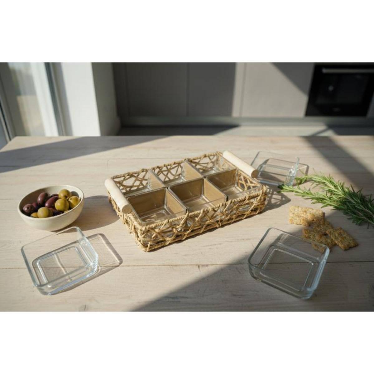 Glass Snack Bowls Set With Straw Tray – 6 Pieces, Sk972