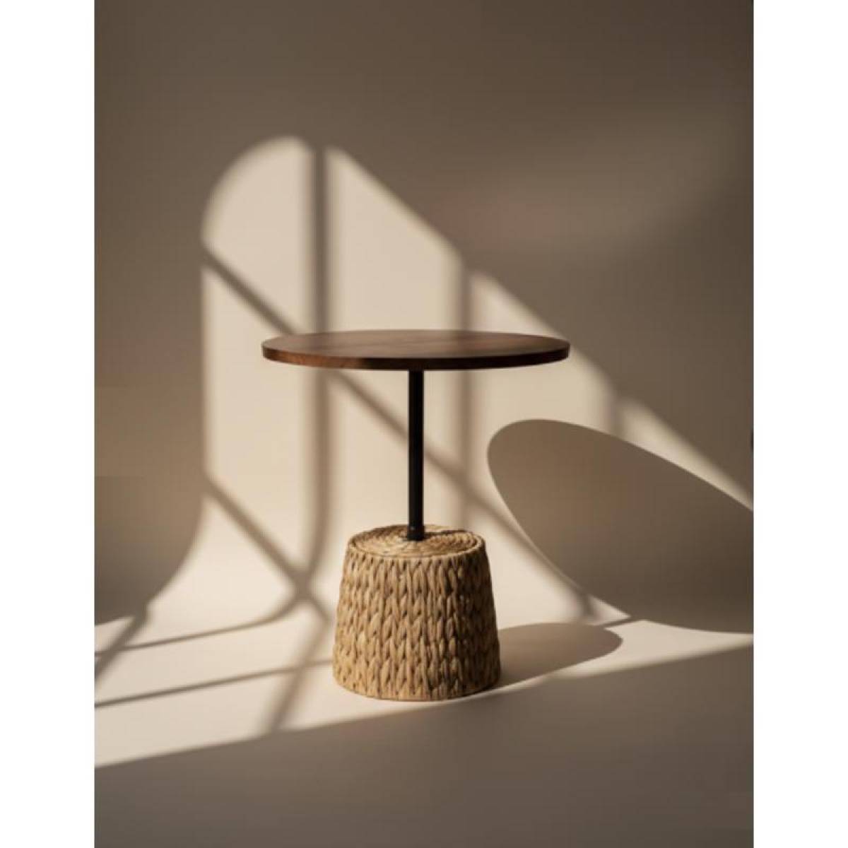 Boho Round Side Table 58 Cm, Wooden Top With Woven Natural Fiber Base, Sk969