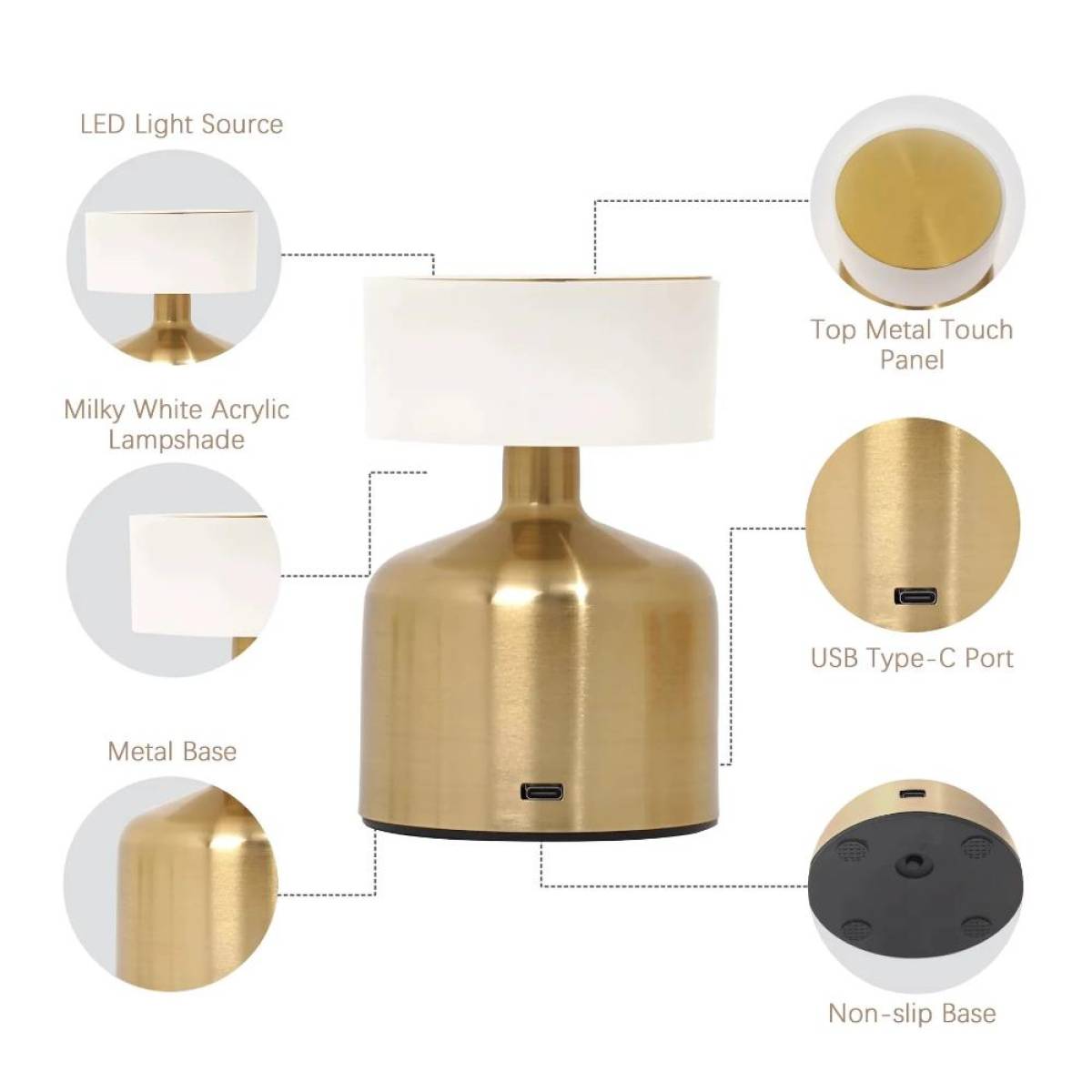 Versatile Gold Cordless Table Lamp – 13 cm, Touch Control, 3 Light Levels, Sk1951412