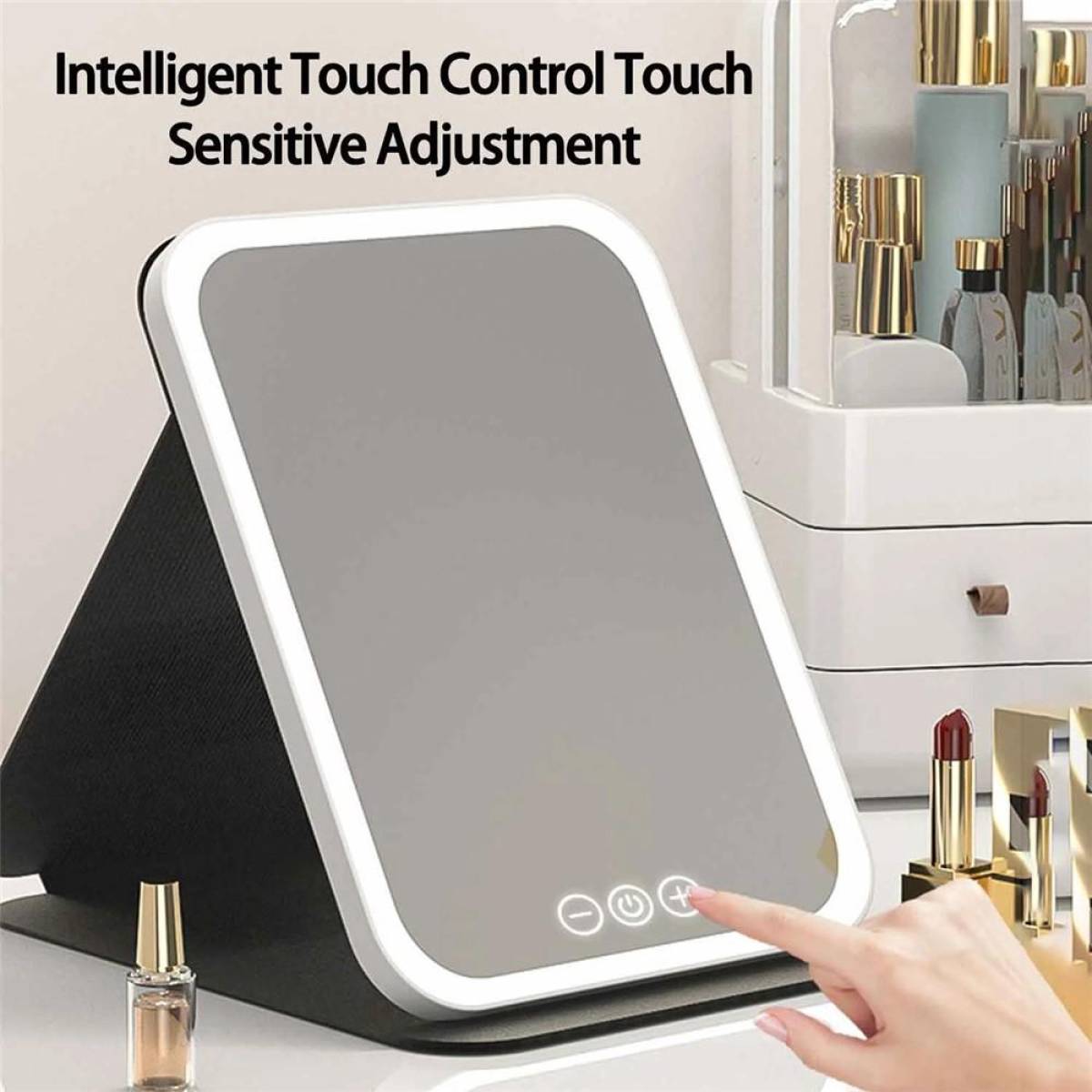 Folding Touch-control Makeup Mirror With Hd Glass & Tri-color Led Lighting – Black, 806a
