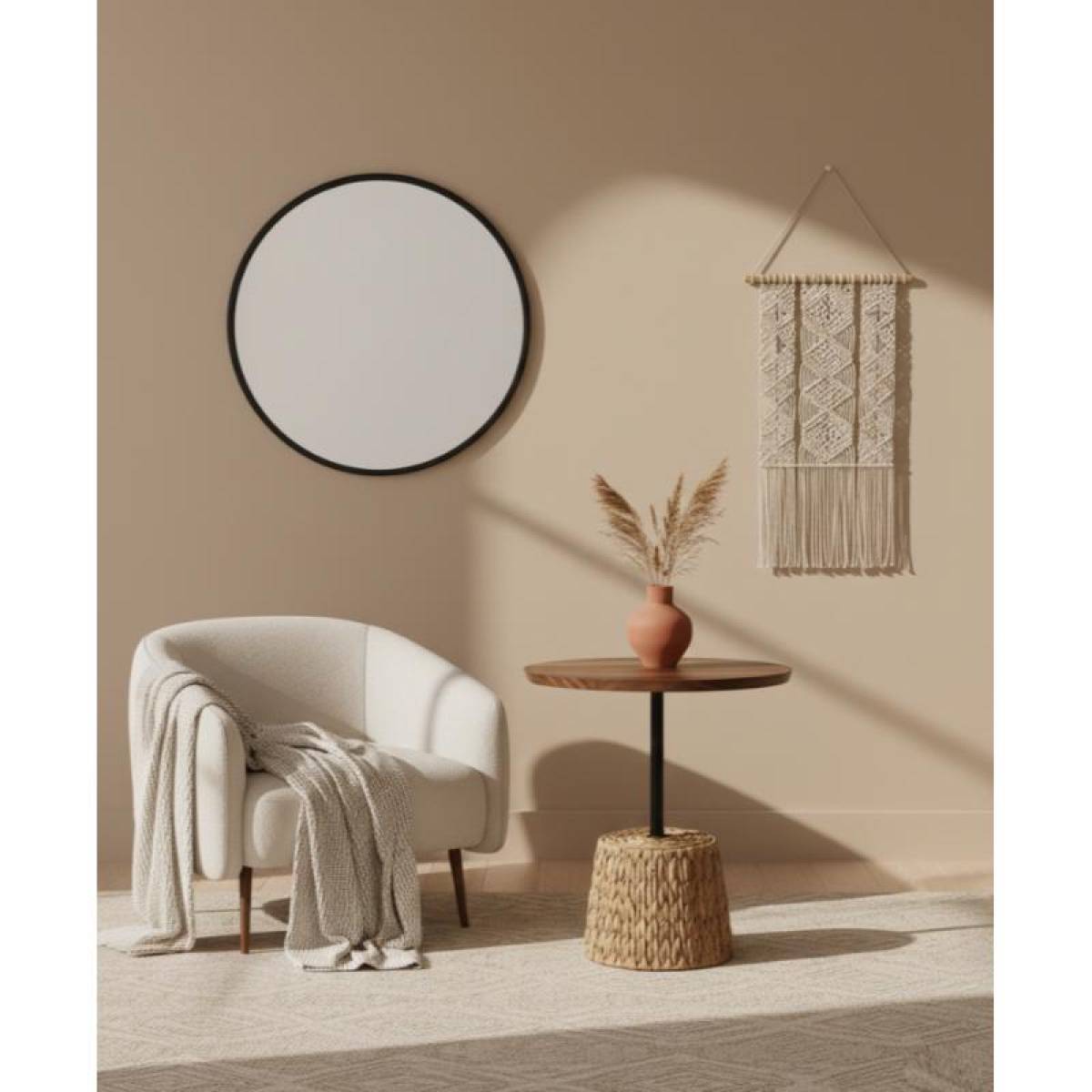 Boho Round Side Table 58 Cm, Wooden Top With Woven Natural Fiber Base, Sk969