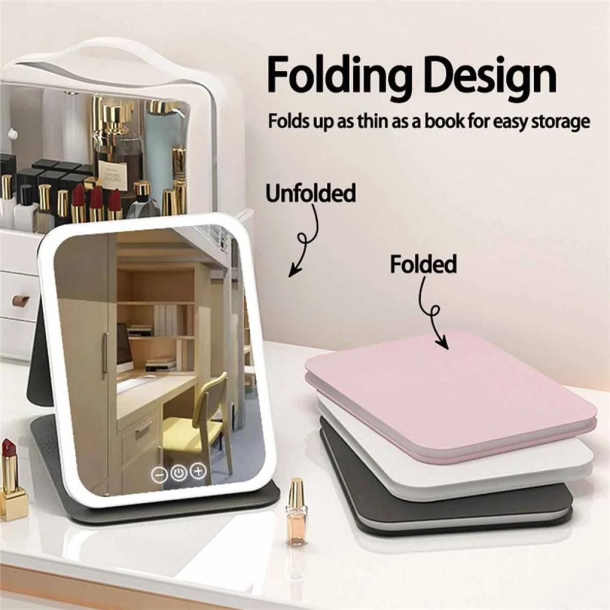 Folding Touch-control Makeup Mirror With Hd Glass & Tri-color Led Lighting – Black, 806a