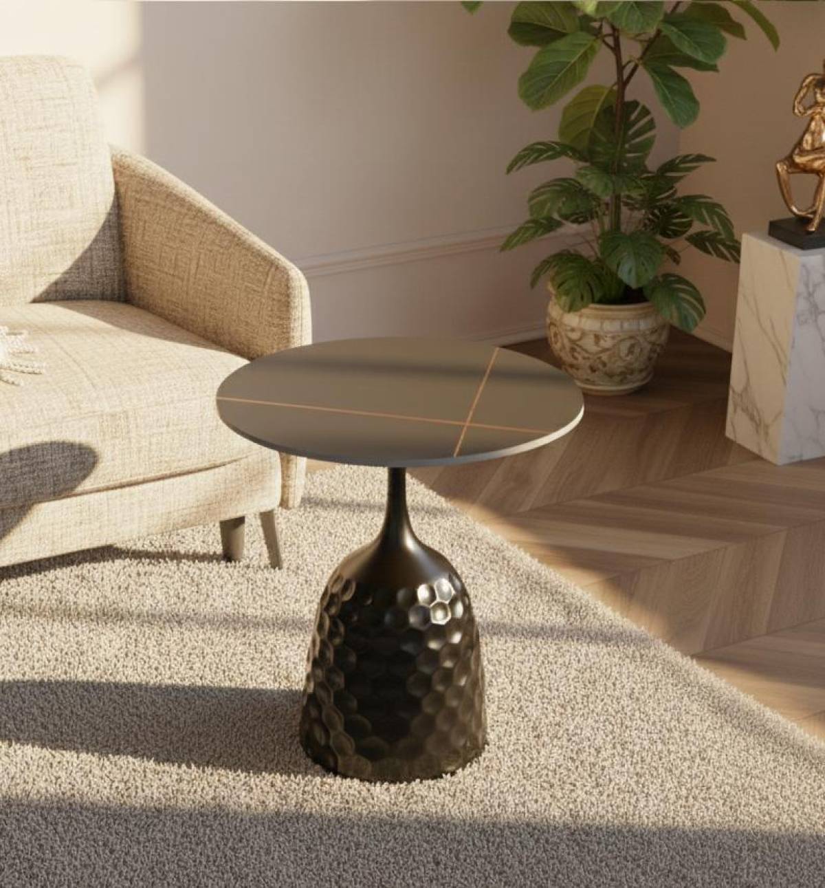 Modern Side Table With Textured Black Metal Base And Ceramic Top 56 Cm, Sk959