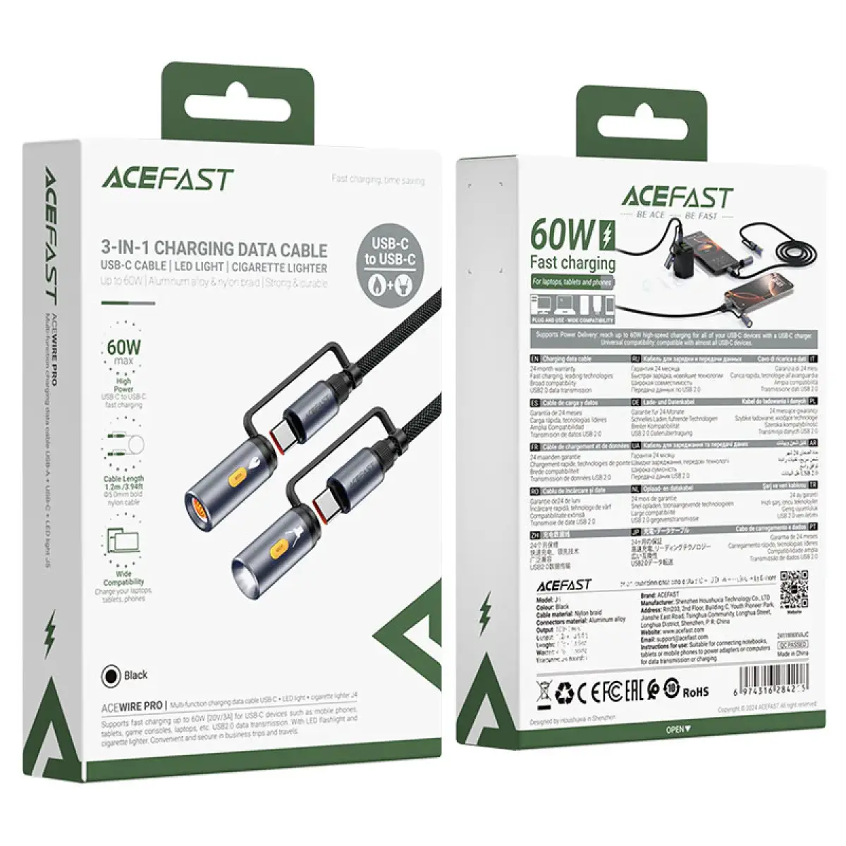 Acefast Charging Data Cable J4 USB-C LED Light Cigarette Lighter