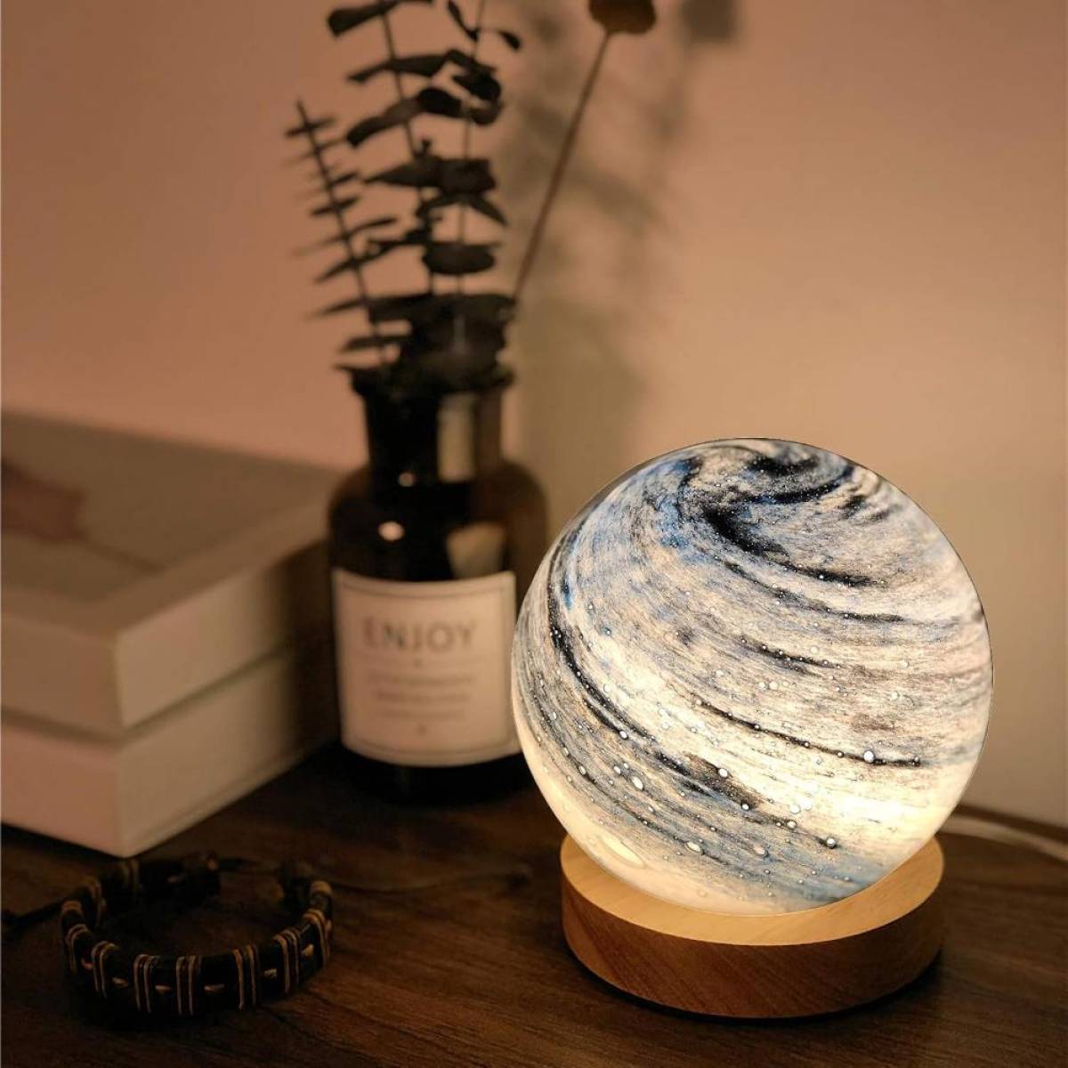 Blue Swirled Glass Globe Accent Lamp With Wooden Base, Sk925