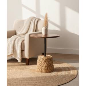 Boho Round Side Table 58 Cm, Wooden Top With Woven Natural Fiber Base, Sk969