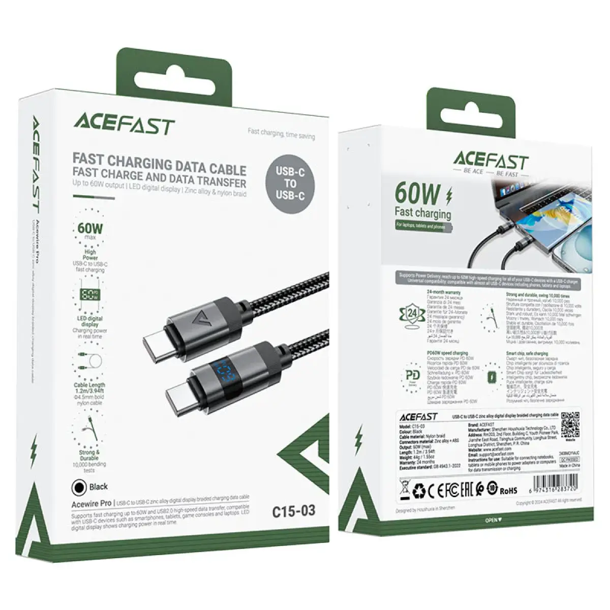Acefast 60W USB-C LED Digital Display Cable