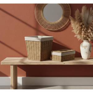 Boho Woven Basket Set, Storage Basket And Tissue Box Cover With Cloth Liner, Sk973