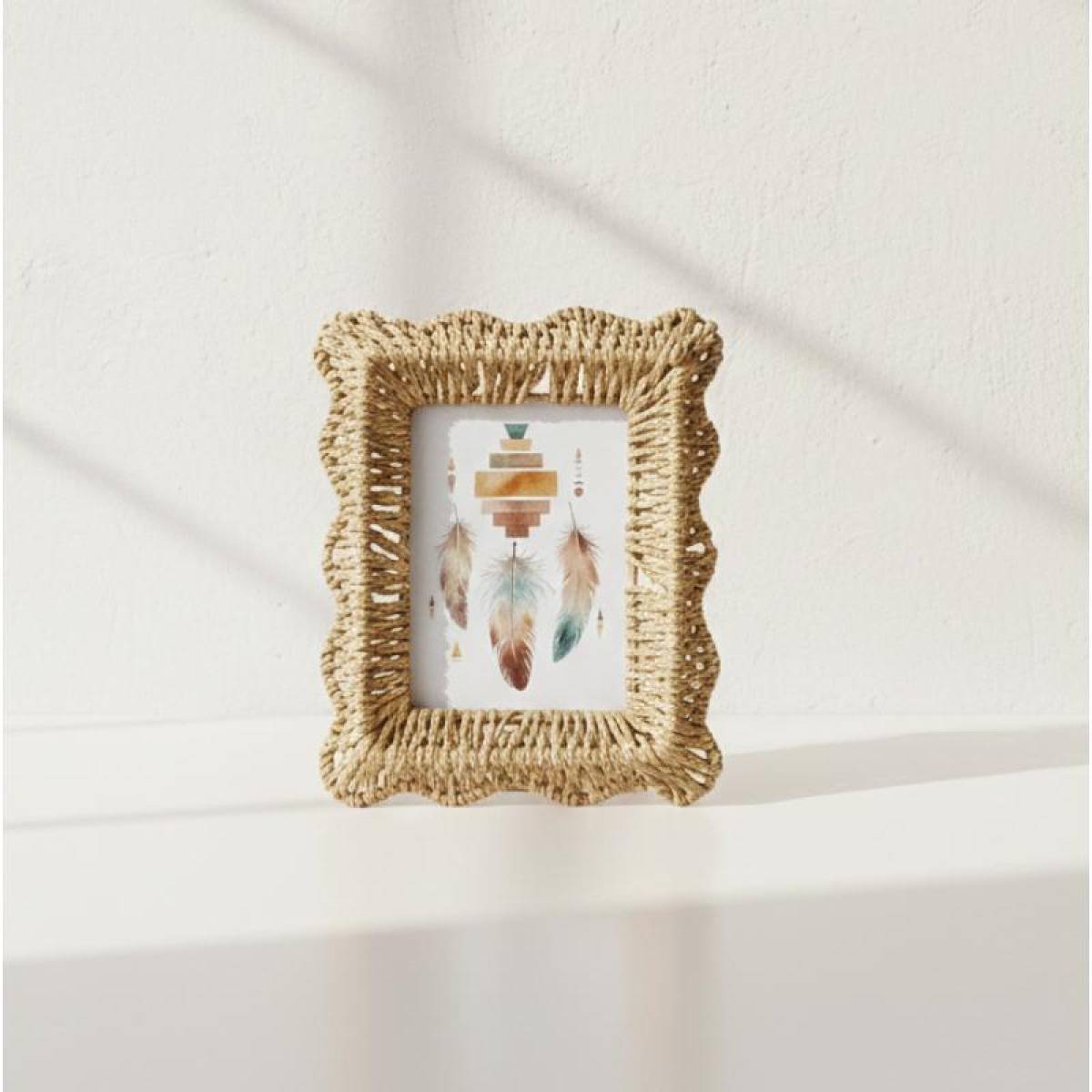 Boho Scalloped Rattan Photo Frame, Natural Woven Accent, Sk971