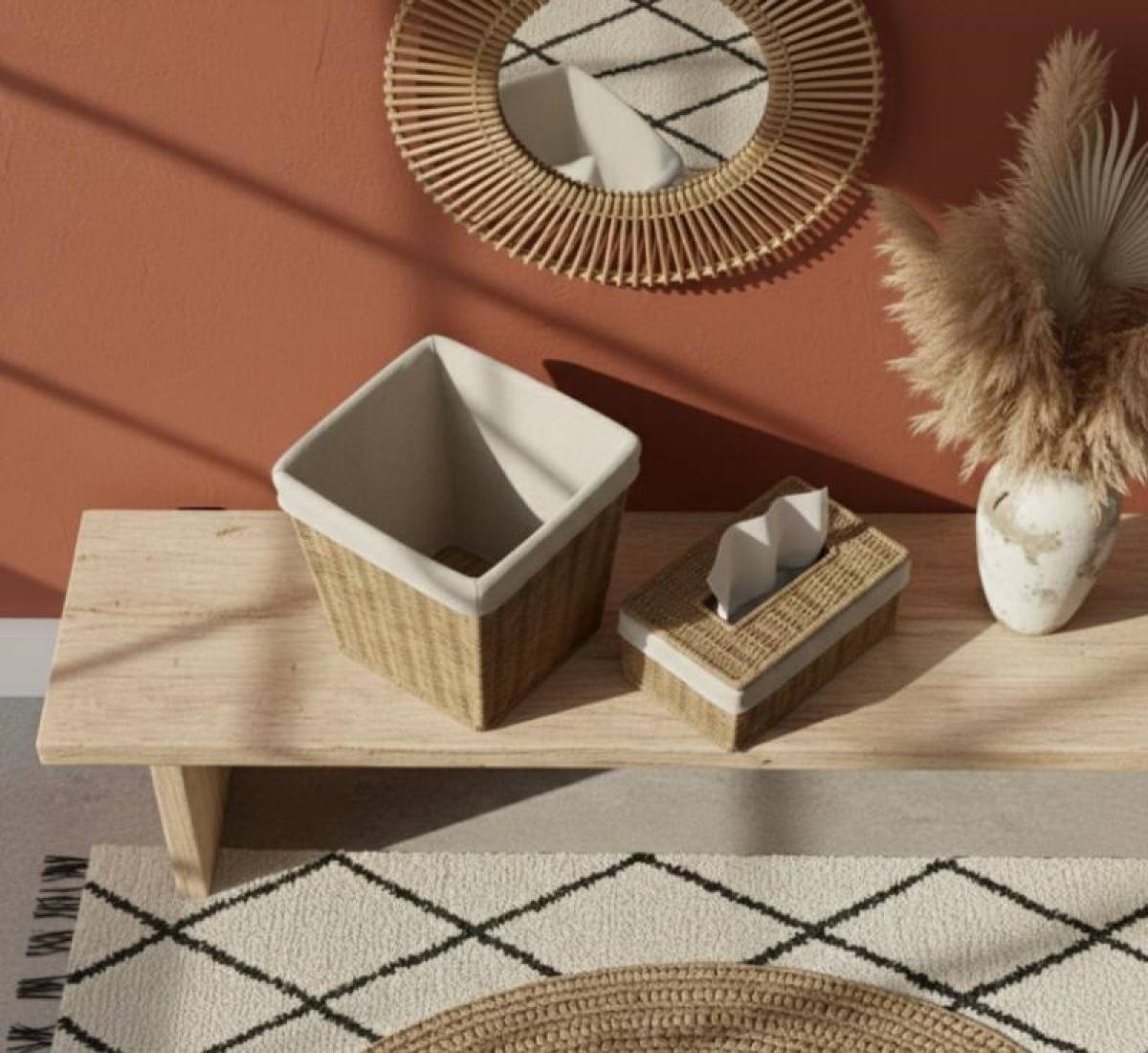 Boho Woven Basket Set, Storage Basket And Tissue Box Cover With Cloth Liner, Sk973