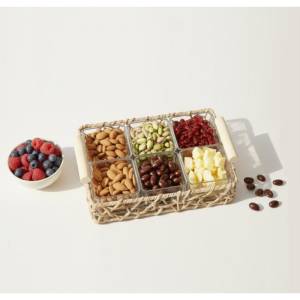 Glass Snack Bowls Set With Straw Tray – 6 Pieces, Sk972
