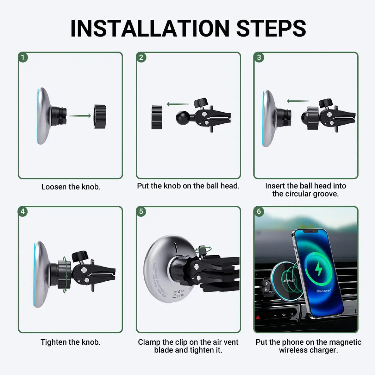 Acefast Fast Wireless Car Charger Mount Magnetic Holder D3 15W