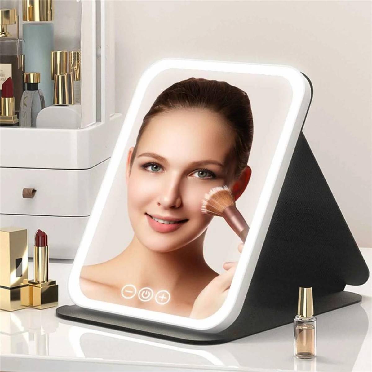 Folding Touch-control Makeup Mirror With Hd Glass & Tri-color Led Lighting – Black, 806a