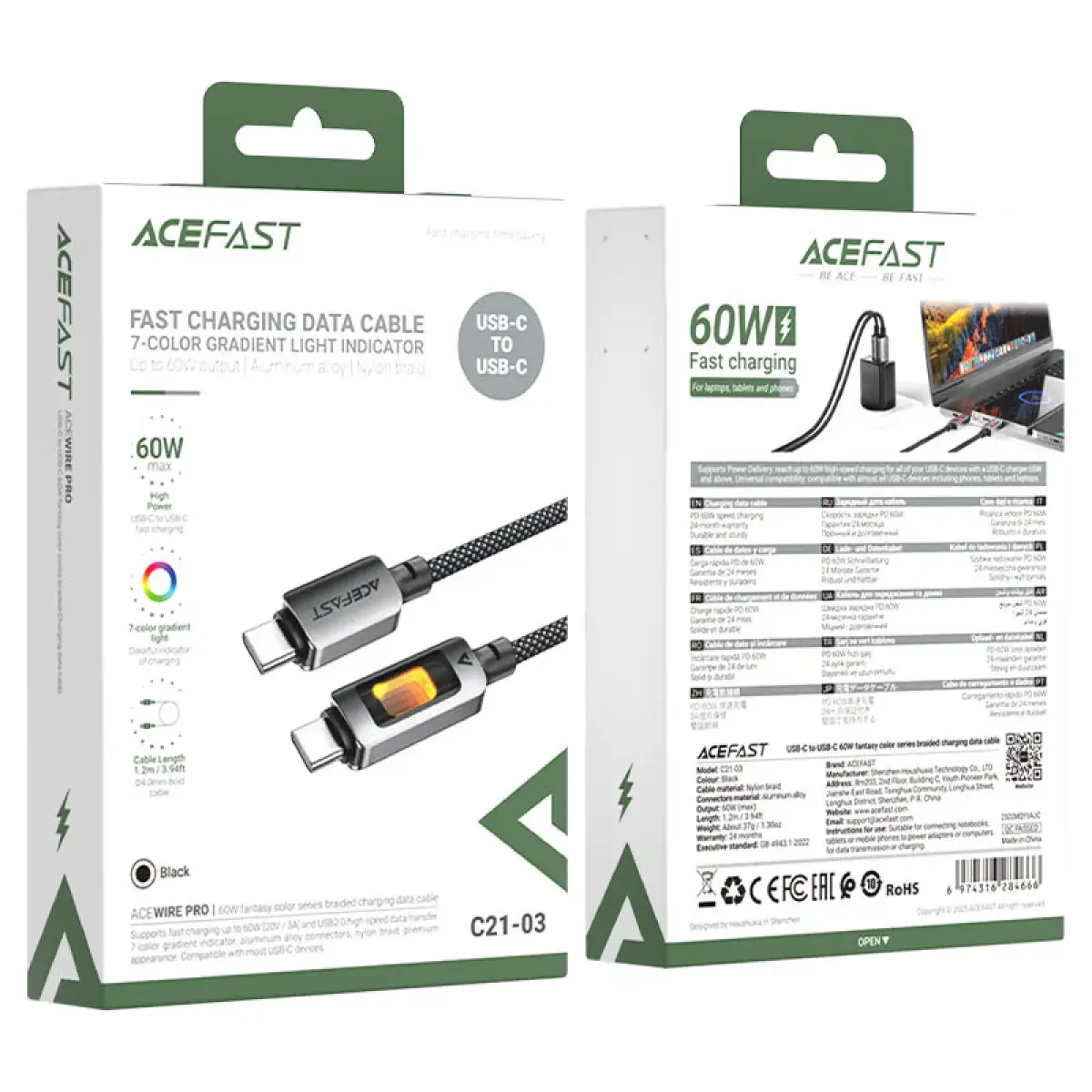 Acefast Charging Data Cable USB-C to USB-C 60W