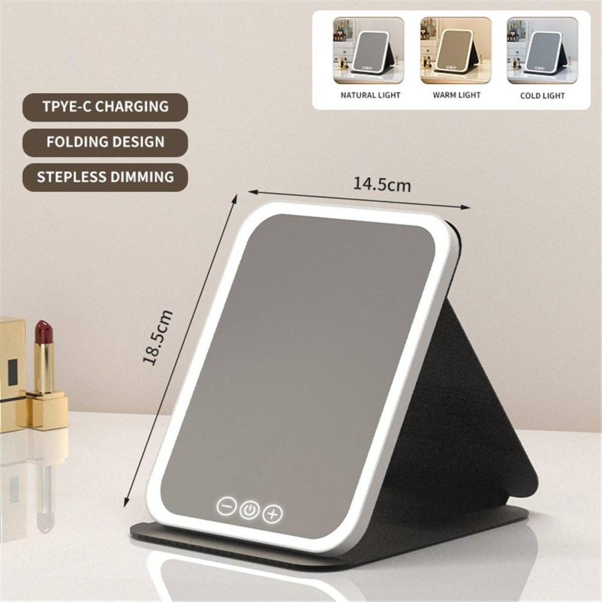 Folding Touch-control Makeup Mirror With Hd Glass & Tri-color Led Lighting – Black, 806a