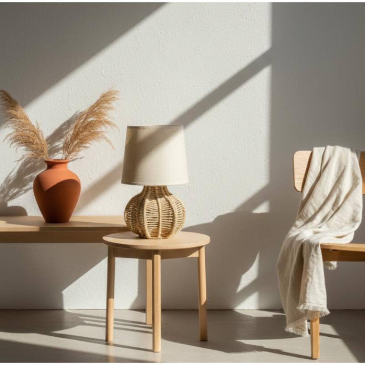 Boho Coastal Table Lamp 35 Cm, Woven Rattan Base With Fabric Shade, Sk974