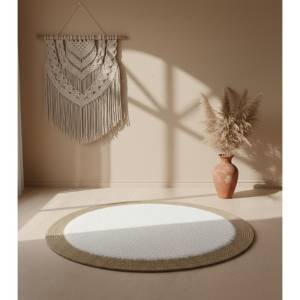 Elegant Round Rattan Rug With Soft White Fur 120 Cm, Modern Boho Floor Design, Sk965