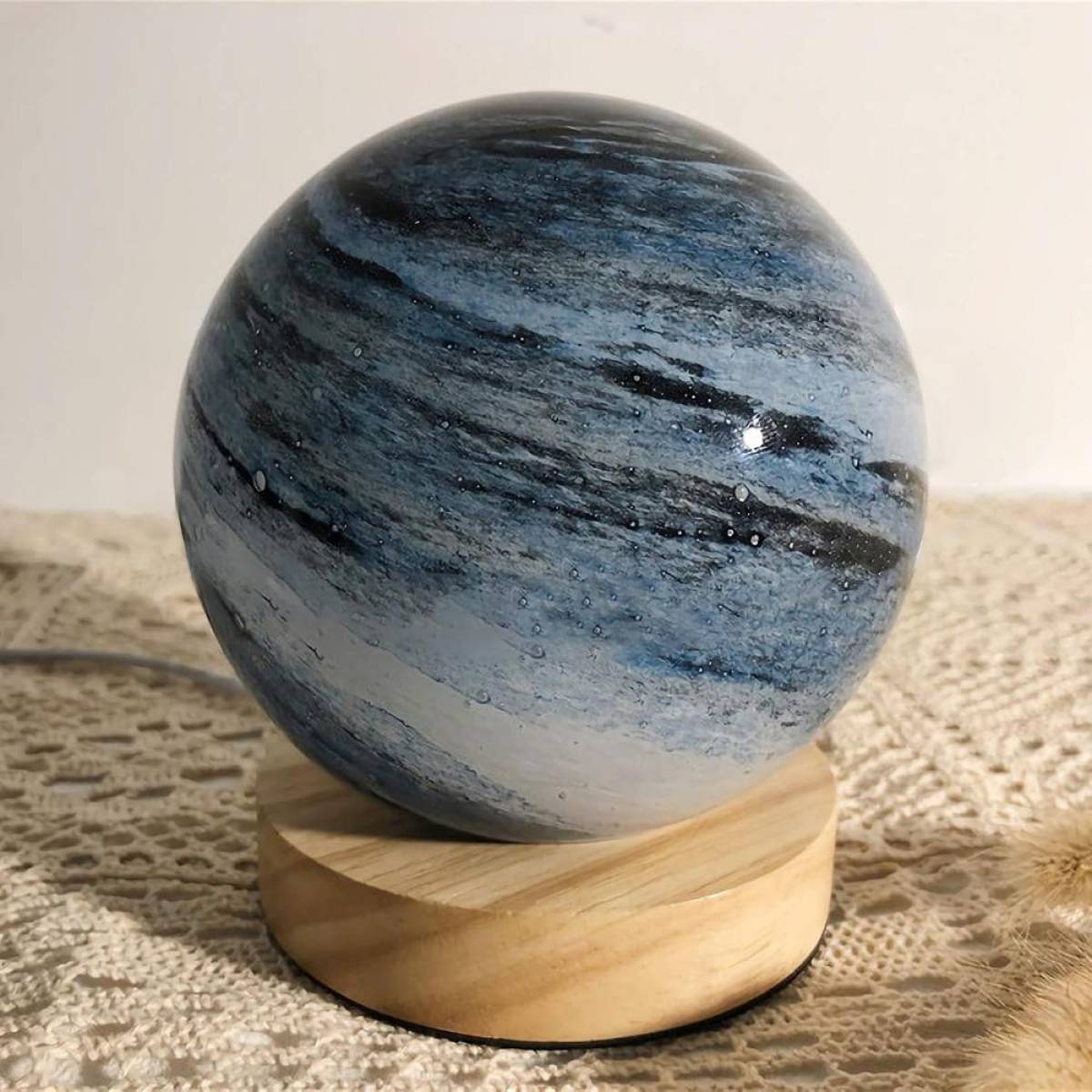 Blue Swirled Glass Globe Accent Lamp With Wooden Base, Sk925