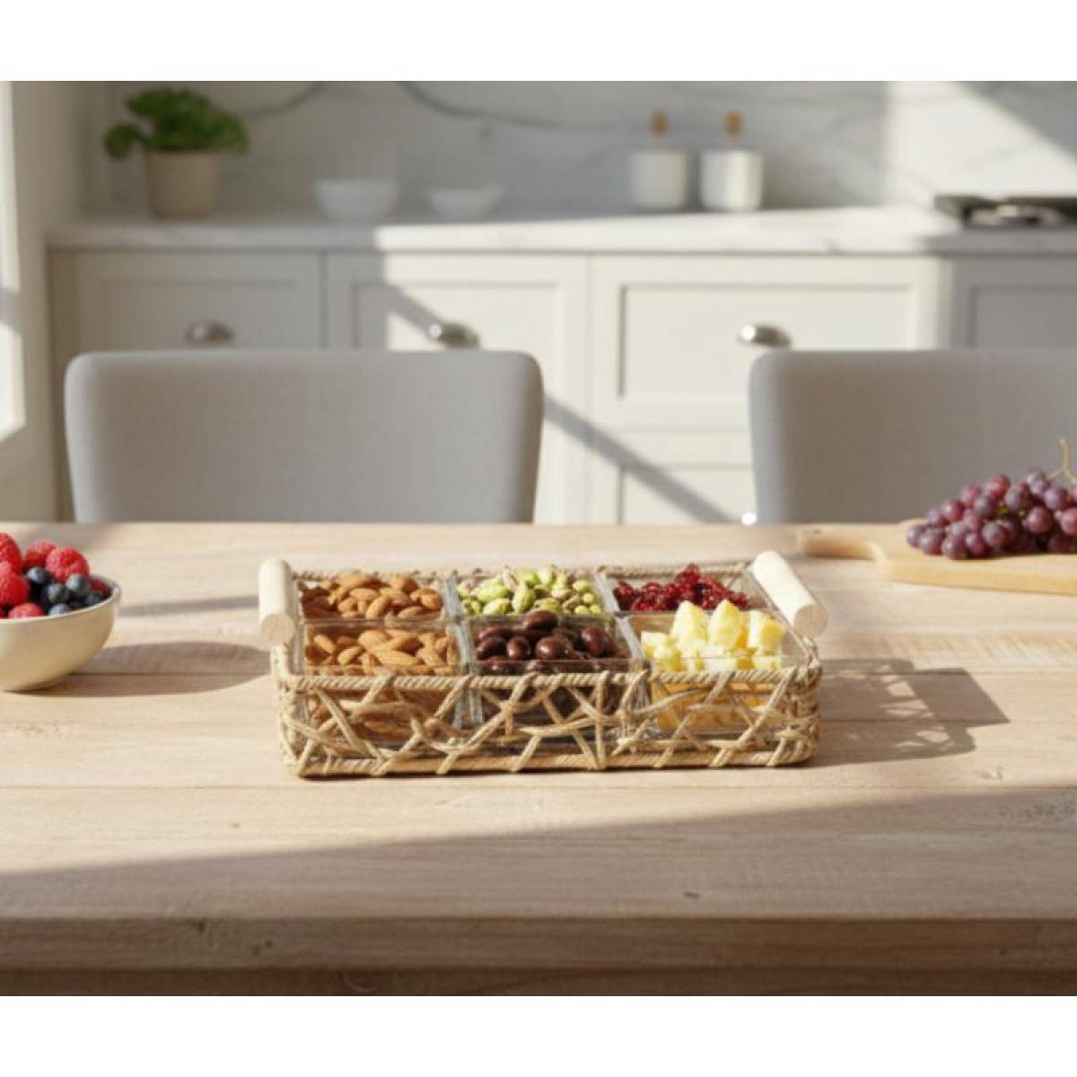 Glass Snack Bowls Set With Straw Tray – 6 Pieces, Sk972