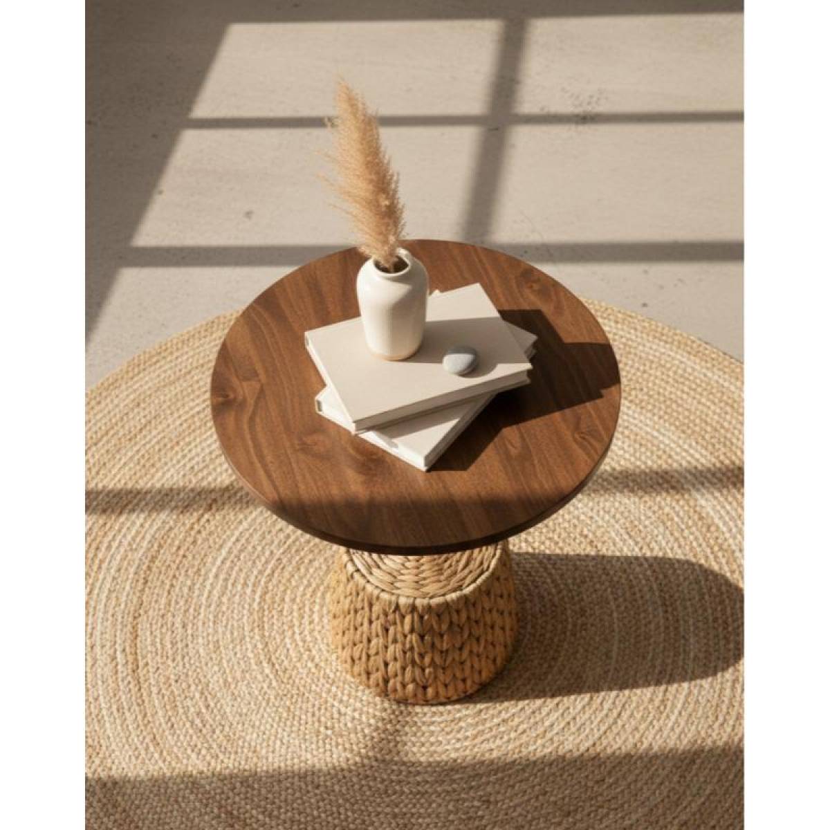 Boho Round Side Table 58 Cm, Wooden Top With Woven Natural Fiber Base, Sk969