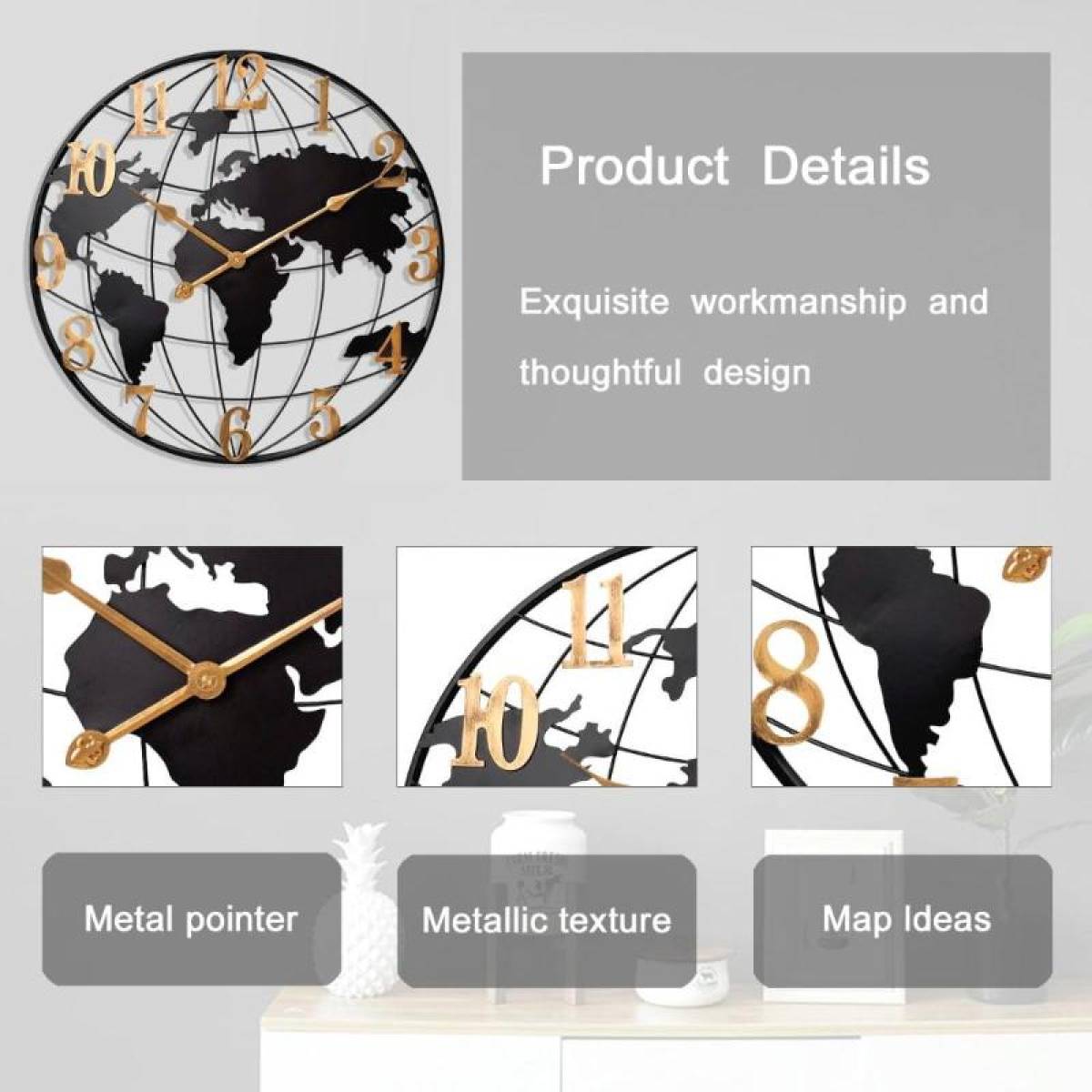 Large 76 Cm World Map Wall Clock – Metal Silent Quartz Clock For Modern Interiors, Sk957
