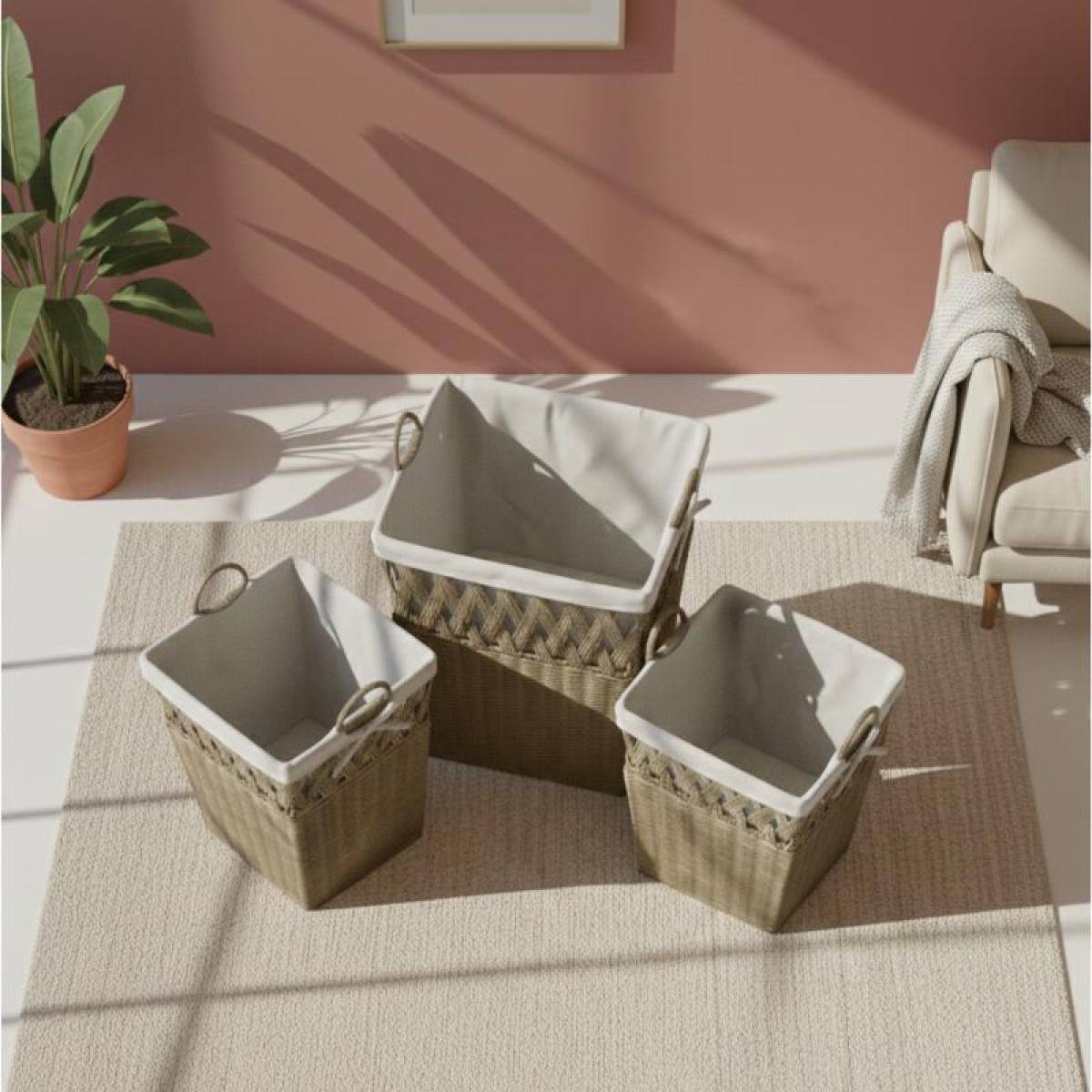 Boho Woven Storage Organizer Set, 3-piece With Removable Fabric Liners, Sk975