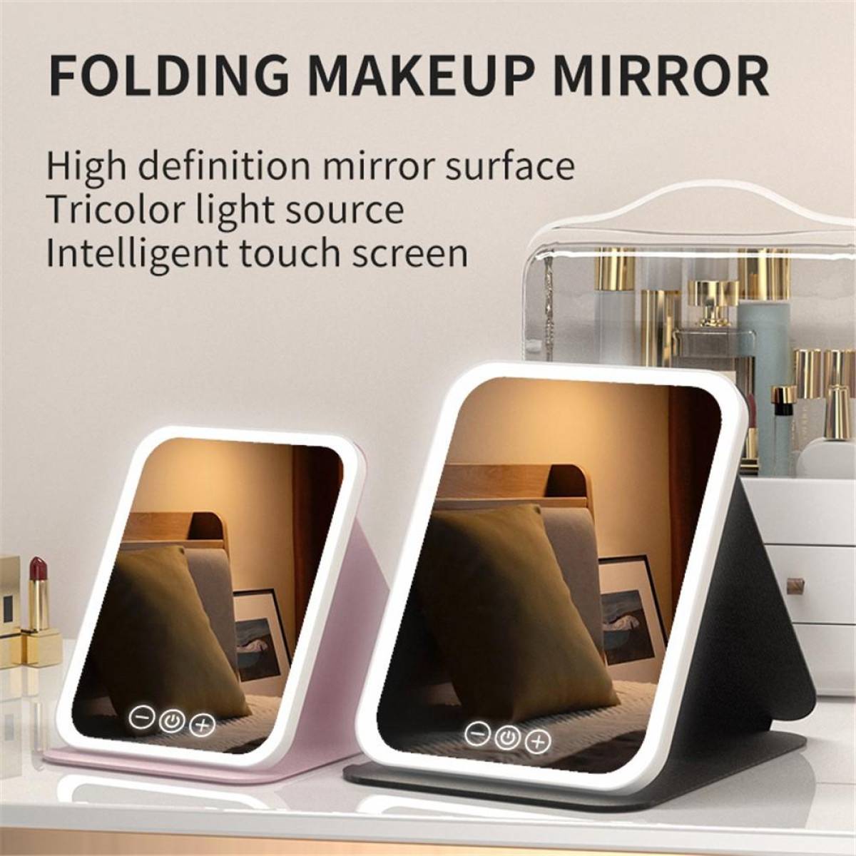 Folding Touch-control Makeup Mirror With Hd Glass & Tri-color Led Lighting – Black, 806a