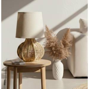 Boho Coastal Table Lamp 35 Cm, Woven Rattan Base With Fabric Shade, Sk974