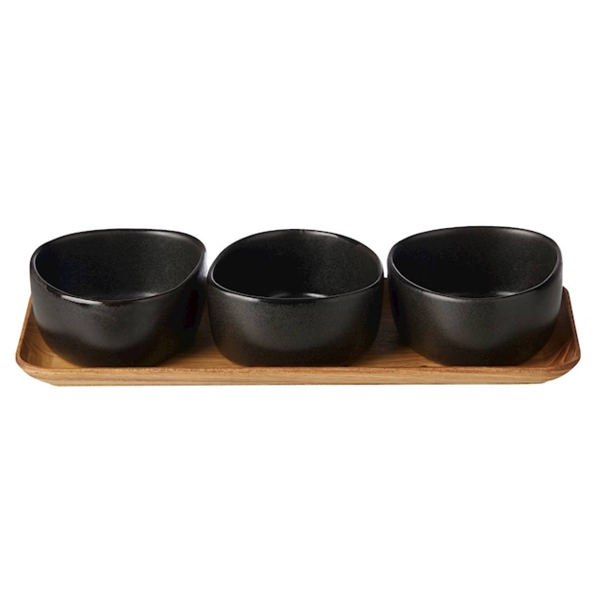 Aida Set 3 Bowls On Teak Board Aida Raw Titanium Black