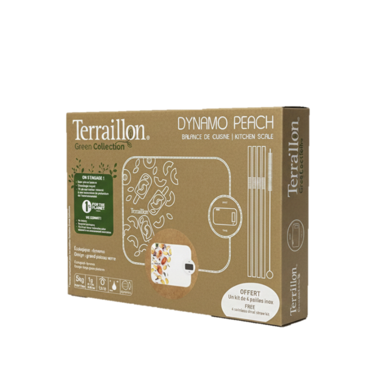 Teraillon Dynamo Peach Kitchen Scale, 5kg, 4 Stainless Straw Kit Free
