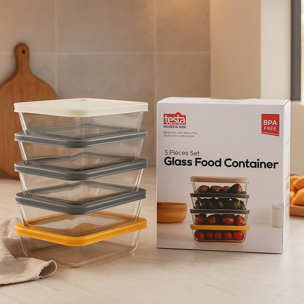 Testa Glass Food Container 5 pcs Set 700ml with simple lid