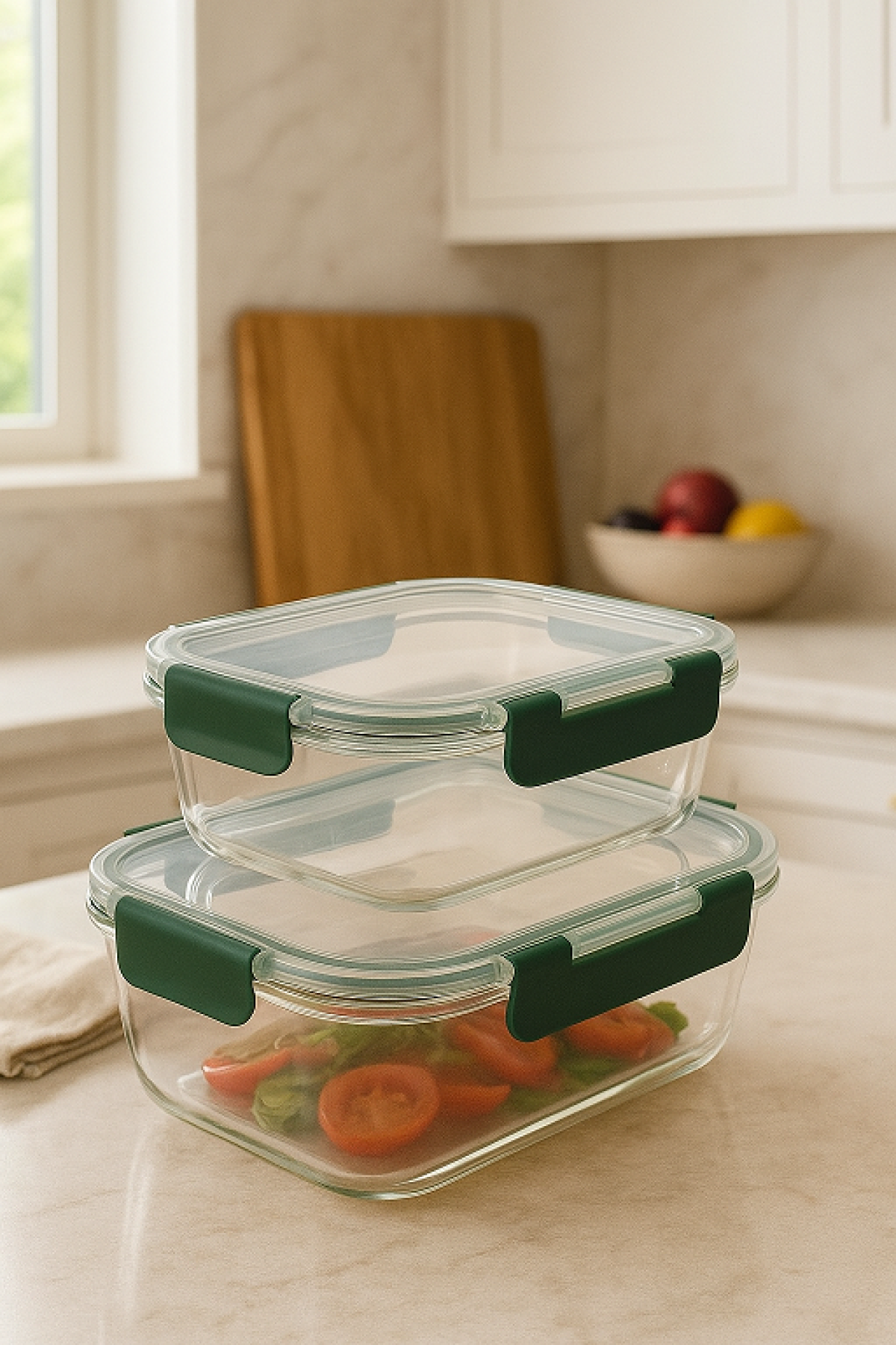 Luxe + Willow Glass Food Container 2 pack 640ml & 1520ml Rectangle Green
