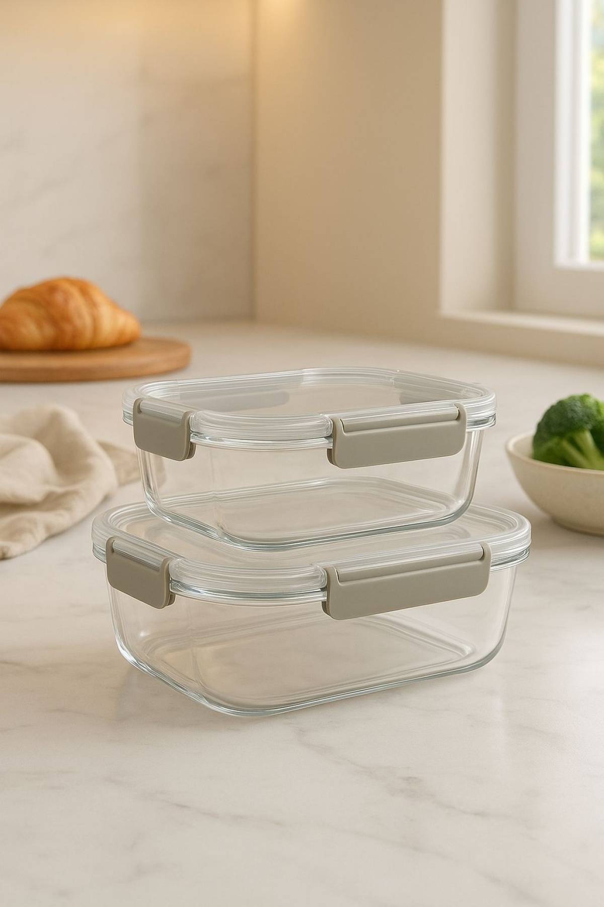 Luxe + Willow Glass Food Container 2 pack 640ml & 1520ml Rectangle Light Grey