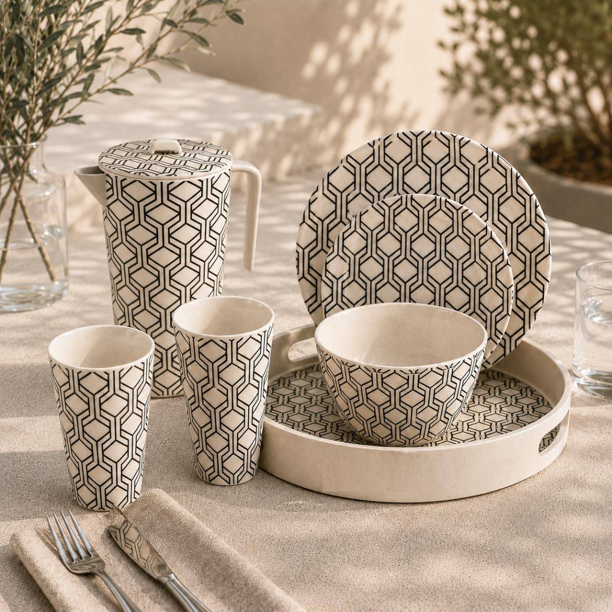 Eco Bamboo Fibre Pitcher with Lid | Geometric Pattern, SK740