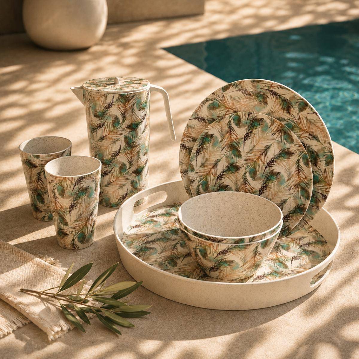 Eco Bamboo Fibre Pitcher with Lid | Feather Pattern, SK740F