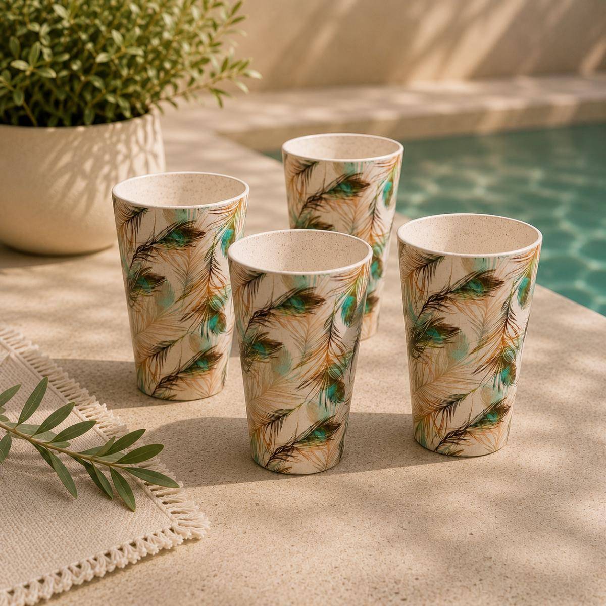 Eco Bamboo Fibre 4-Piece Cup Set | Feather Pattern, SK737F