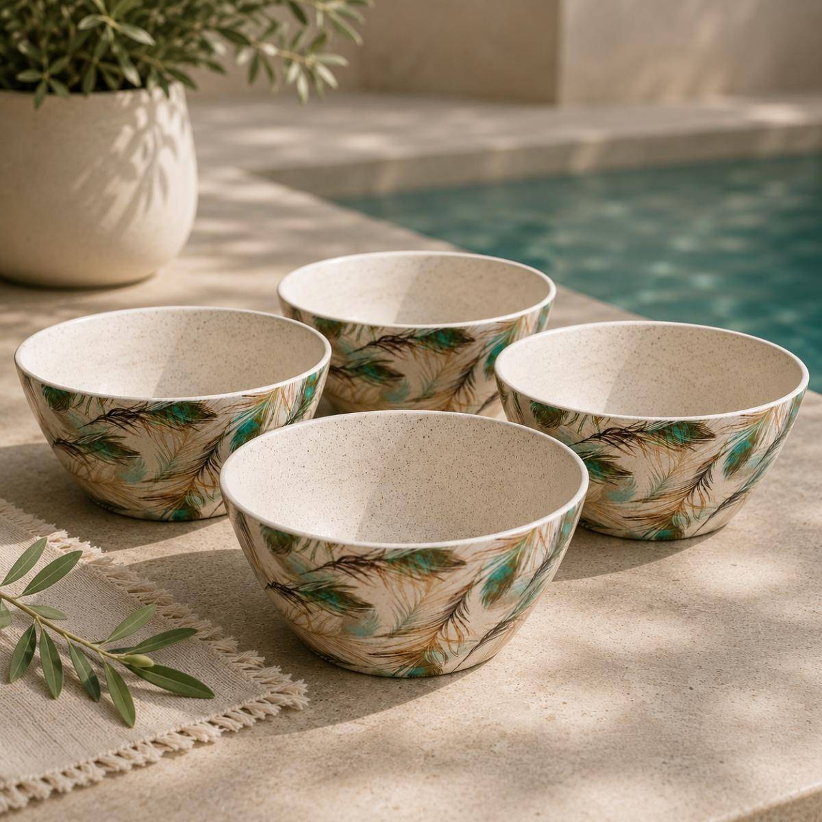 Eco Bamboo Fibre 4-Piece Bowl Set 14 cm | Feather Pattern