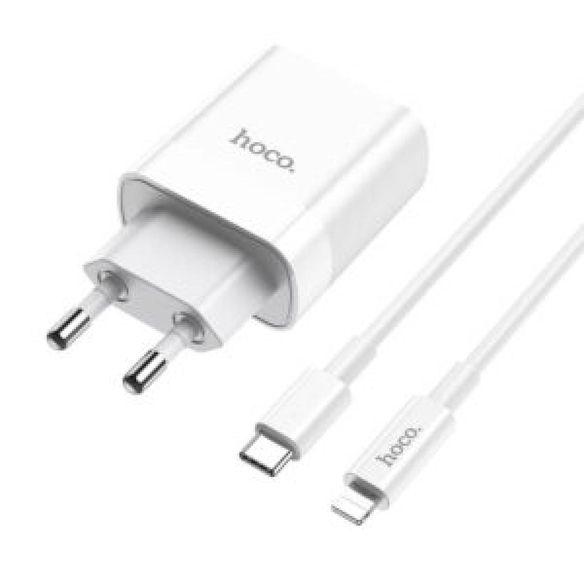 Hoco C80A Rapido PD + QC3.0 wall charger, USB / Type-C output, EU plug, set with Type-C to Lightning or Type-C to Type-C cable.