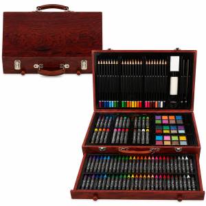 Sundy Art Set 86 Pieces Wooden Case with Colored Pencils, Crayons & Watercolors #ART86.