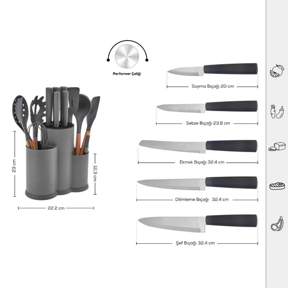 Karaca Burby 14-piece Knife And Serving Set - Grey | Soft Touch Block